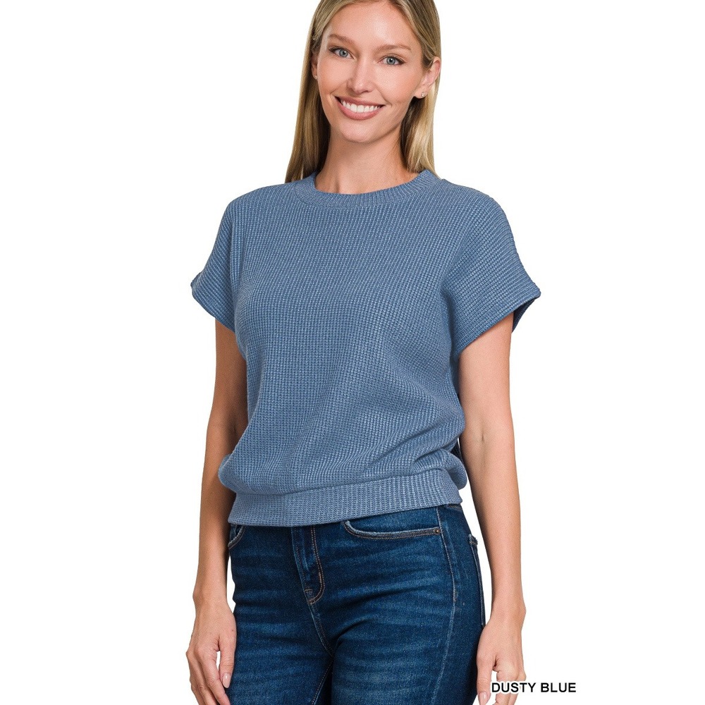 297-S Zenana Waffle Knit Sweater Top Women Dusty Blue Short Sleeve Relaxed